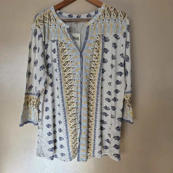 Lucky Brand Boho Paisley Floral Cream Button Down Top 3x Stretch Cottagecore NWT - Picture 2 of 10